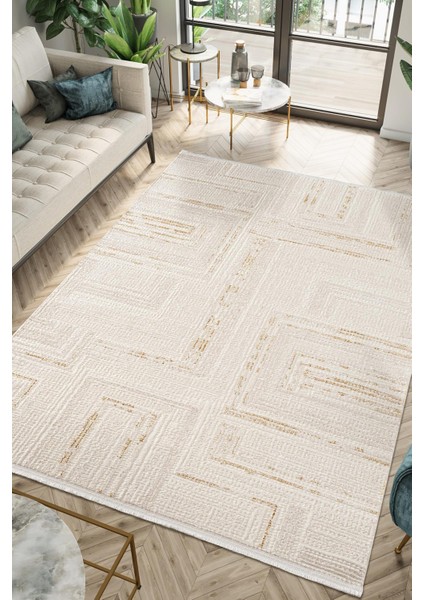 Scala SC013S Beyaz Halı Gold Çizgi Detaylı Tozu Az Akrilik Salon Yatak Odası Mutfak Koridor Halısı