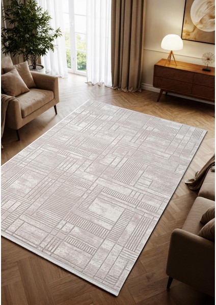 Porto PP003B Beyaz Geometrik Desenli Akrilik Halı Yumuşak Dokulu Tozu Az Yatak Odası Mutfak Koridor