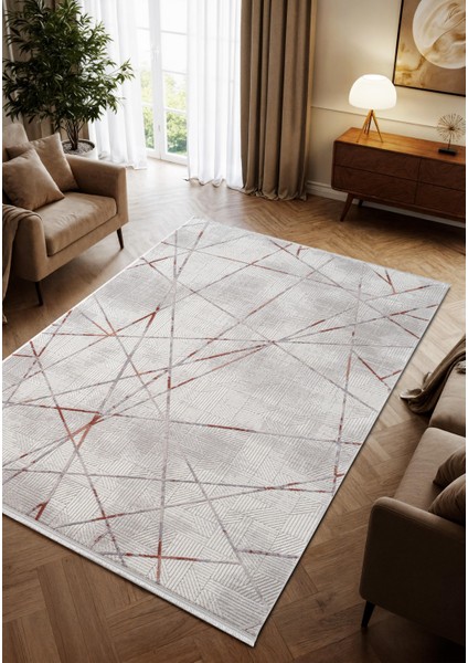 Porto PP007T Beyaz Akrilik Halı Geometrik Desenli Yumuşak Dokulu Tozu Az Yatak Odası Mutfak Koridor
