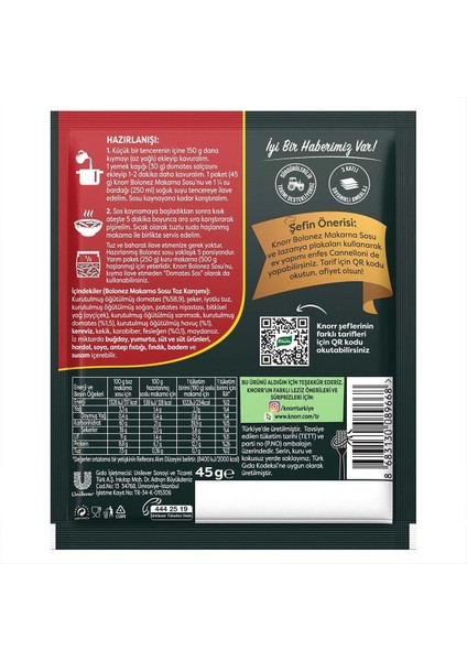 Bolonez Makarna Sosu 45 gr x 6 Adet