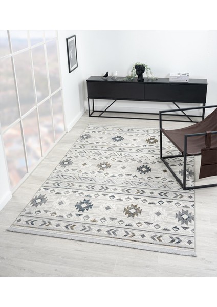 Loya LY001G Gri Halı Etnik Desen Antialerjik Tozu Yok Pamuk Taban Salon Halısı Yatak Odası Koridor