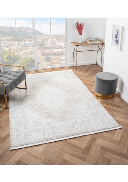Vista VS002A Beyaz Halı Klasik Desen Antialerjik Pamuk Taban Yıkanabilir Salon Halısı Yatak Odası