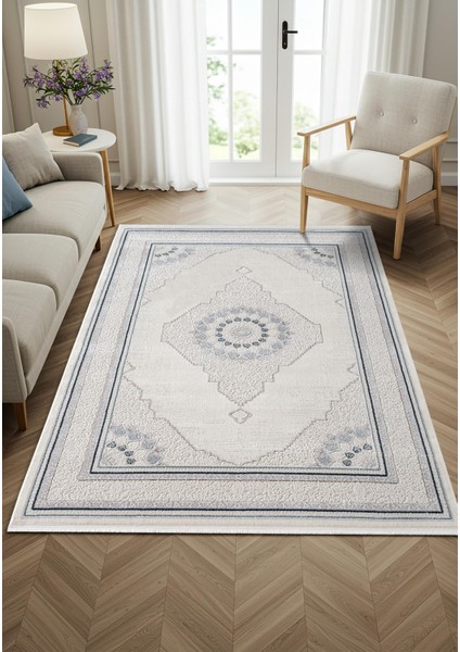 Feel FL008M Krem Halı Klasik Desen Mavi Çerçeveli Akrilik Tozu Az Salon Halısı Yatak Odası Koridor