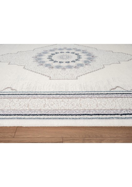 Feel FL008M Krem Halı Klasik Desen Mavi Çerçeveli Akrilik Tozu Az Salon Halısı Yatak Odası Koridor indirimleri