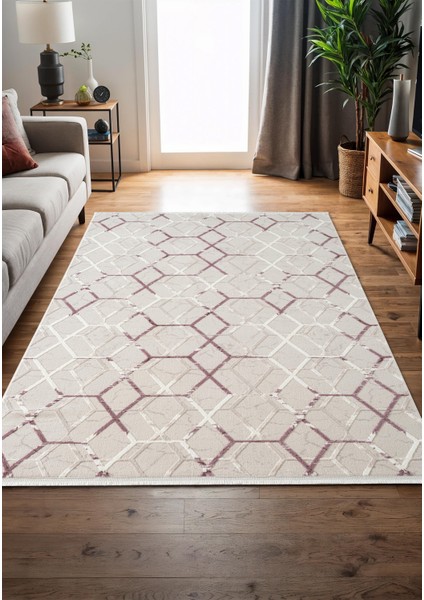 Armada AD001L Gri Halı Lila Geometrik Detaylı Akrilik Tozu Az Salon Halısı Yatak Odası Karidor