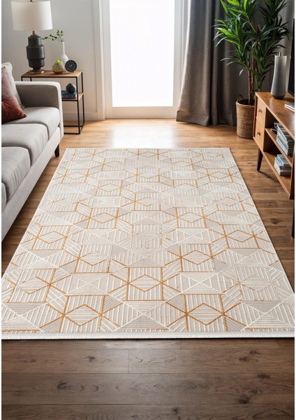 Armada AD009S Gri Halı Beyaz Gold Geometrik Detaylı Akrilik Tozu Az Salon Halısı Yatak Odası Karidor