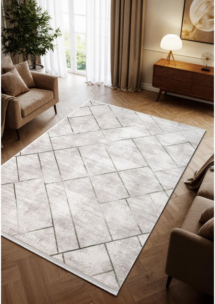 Porto PP005Y Beyaz Akrilik Halı Yeşil Geometrik Desenli Yumuşak Dokulu Tozu Az Yatak Odası Mutfak