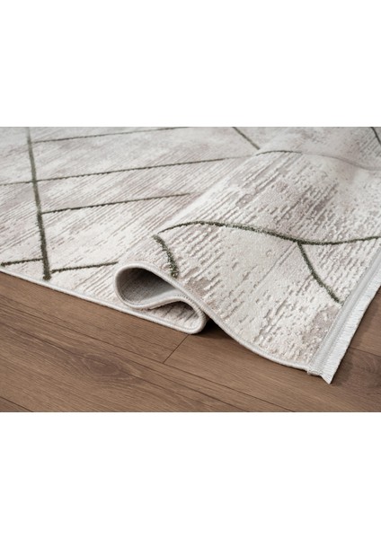 Porto PP005Y Beyaz Akrilik Halı Yeşil Geometrik Desenli Yumuşak Dokulu Tozu Az Yatak Odası Mutfak modelleri