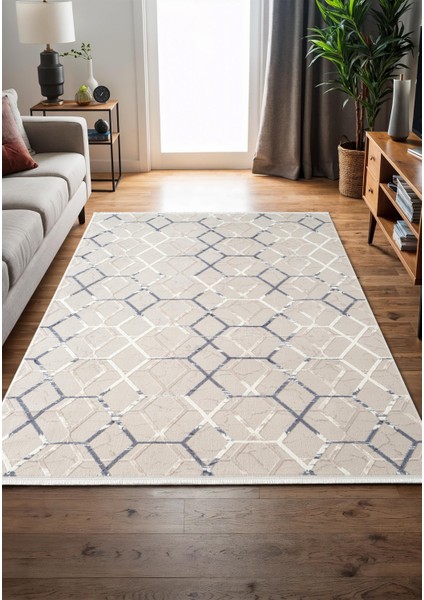 Armada AD001M Gri Halı Mavi Geometrik Detaylı Akrilik Tozu Az Salon Halısı Yatak Odası Karidor