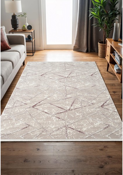 Armada AD002L Gri Halı Beyaz Lila Geometrik Detaylı Akrilik Tozu Az Salon Halısı Yatak Odası Karidor