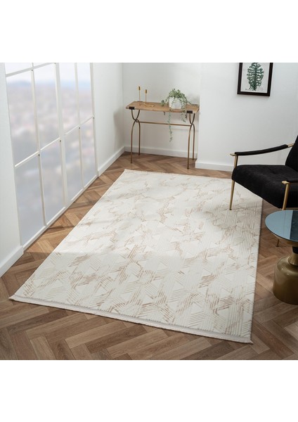 Scala SC012A Beyaz Halı Modern Desenli Tozu Az Akrilik Salon Halısı Yatak Odası Mutfak Koridor