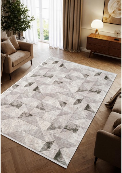 Porto PP004Y Beyaz Akrilik Halı Yeşil Geometrik Desenli Yumuşak Dokulu Tozu Az Yatak Odası Mutfak