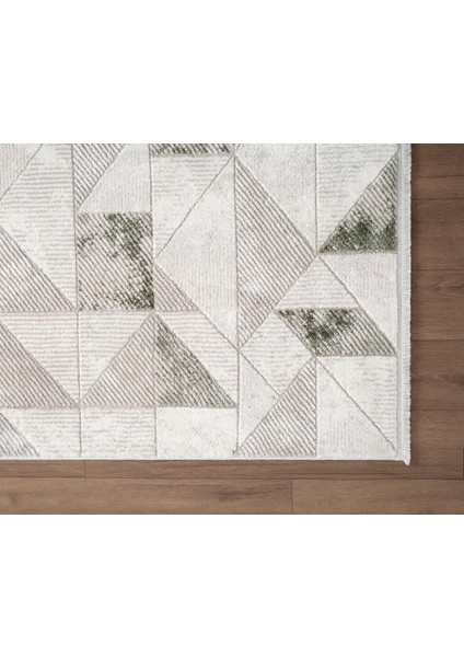 Porto PP004Y Beyaz Akrilik Halı Yeşil Geometrik Desenli Yumuşak Dokulu Tozu Az Yatak Odası Mutfak indirimleri