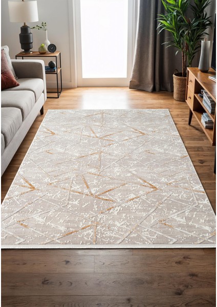 Armada AD002S Gri Halı Beyaz Sarı Geometrik Detaylı Akrilik Tozu Az Salon Halısı Yatak Odası Karidor