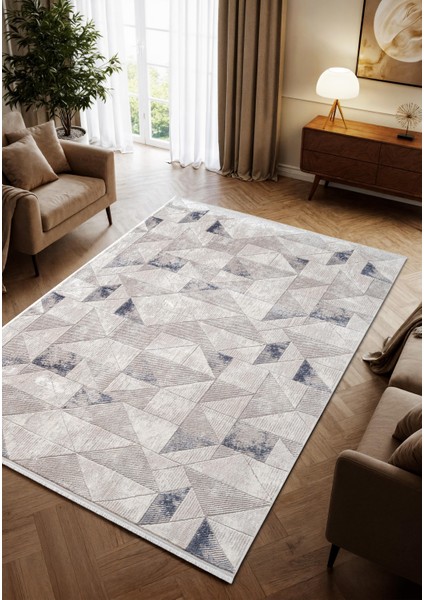 Porto PP004M Mavi Geometrik Desenli Akrilik Halı Yumuşak Dokulu Tozu Az Yatak Odası Mutfak Koridor