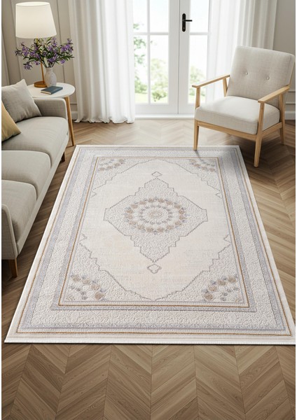 Feel FL008S Krem Halı Klasik Desen Gold Çerçeveli Akrilik Tozu Az Salon Halısı Yatak Odası Koridor