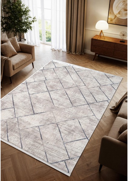 Porto PP005M Beyaz Akrilik Halı Mavi Geometrik Desenli Yumuşak Dokulu Tozu Az Yatak Odası Mutfak