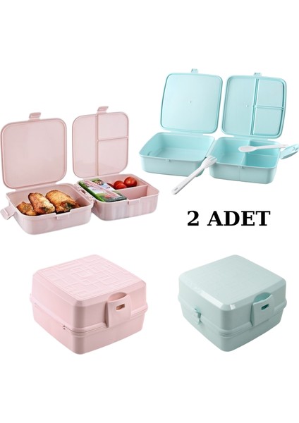 2 Adet Premium Beslenme Kutusu Çantası Kilitlenebilir Çatal Kaşıklı Pembe-Mavi
