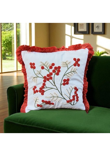 Kenarı Püsküllü Pamuk Nakışlı Çiçek Detaylı Kare Panç (Punch) Kırlent Kılıfı Kiremit