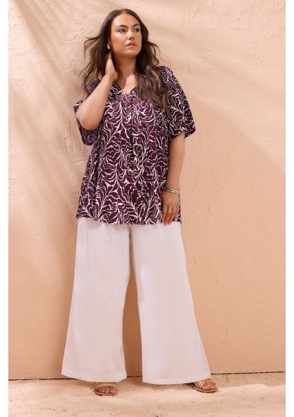 Büyük Beden V Yaka Kısa Kollu Soyut Desenli Asimetrik Kesim T-Shirt 616219 fiyatları