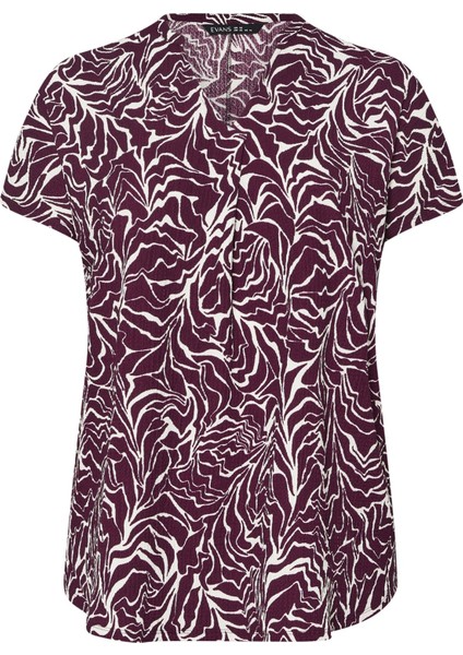 Büyük Beden V Yaka Kısa Kollu Soyut Desenli Asimetrik Kesim T-Shirt 616219