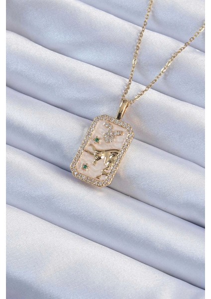 Bfs 316L Çelik Zincir Altın Renk Zirkon Taşlı Boğa Figürlü Tarot Kolye