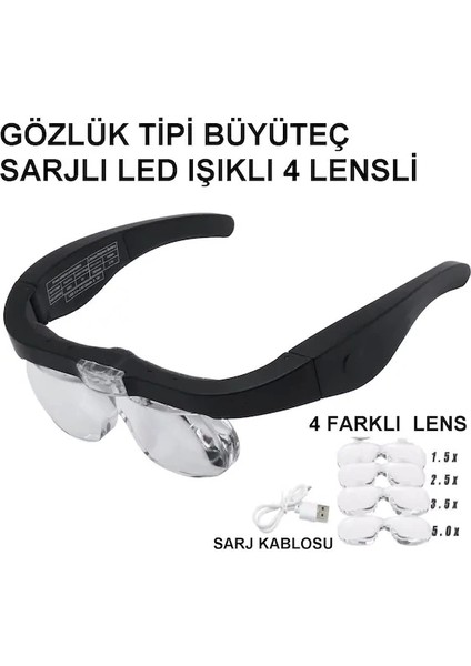 Şarjlı Gözlük Büyüteç 4 Farklı Lens 11537DC