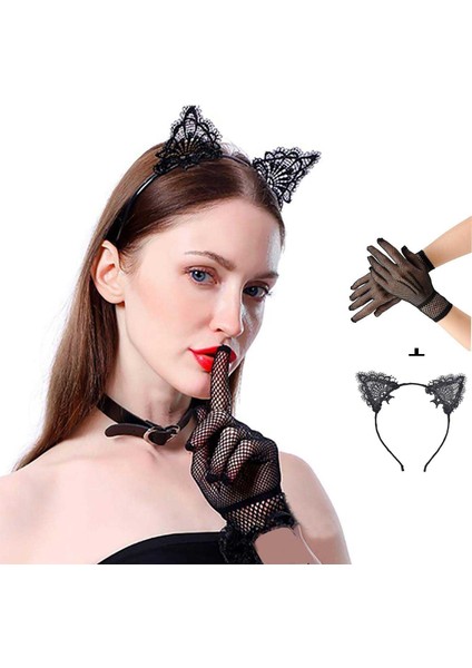 Büro Ev Ofis Gösteri Kostümü Için Siyah Kedi Dantel Taç Eldiven Seti