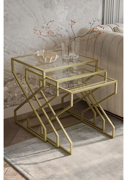 Ela 4lü Zigon Sehpa Yan Sehpa Gold(Eskitme) Temperli Kırılmaz Şeffaf Cam