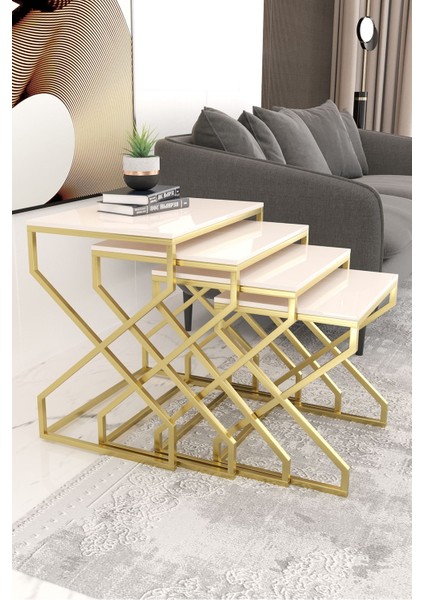 Ela 4l Ü Zigon Sehpa Gold (Eskitme) Yan Sehpa Krem Mdf Membran Kaplama