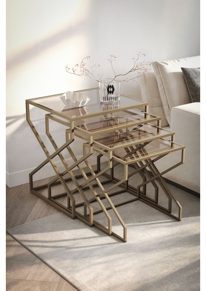 Ela 4lü Zigon Sehpa Yan Sehpa Pirinç Eskitme Rengi, Temperli Kırılmaz Bronz Cam