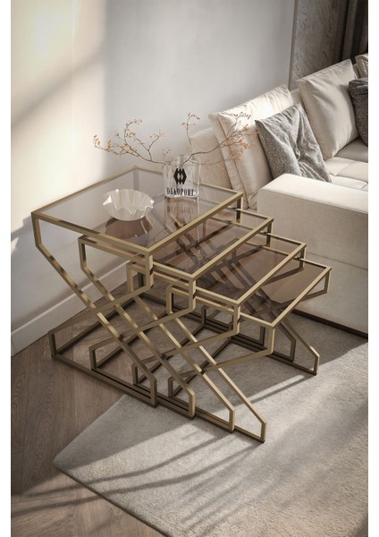 Ela 4lü Zigon Sehpa Yan Sehpa Pirinç Eskitme Rengi, Temperli Kırılmaz Bronz Cam fiyatları