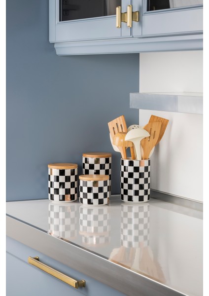 4'lü Seramik Set Dama Desenli Altın Yaldızlı Damalı Şekerlik Çay Kahve Saklama Kabı Baharatlık