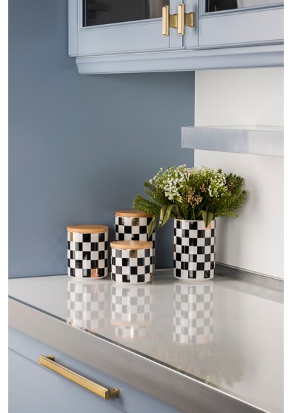 4'lü Seramik Set Dama Desenli Altın Yaldızlı Damalı Şekerlik Çay Kahve Saklama Kabı Baharatlık modelleri