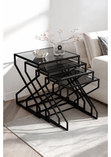 Ela 4lü Zigon Sehpa Yan Sehpa Temperli Kırılmaz Füme Cam