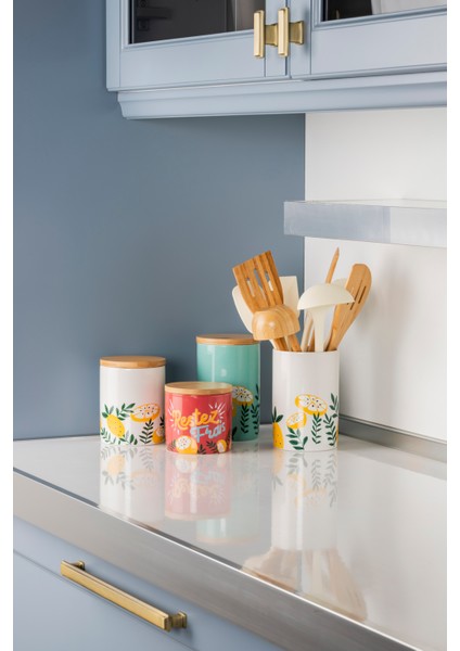 4'lü Limonlu Seramik Kavanoz Set Şekerlik Çay Kahve Saklama Kabı Baharatlık