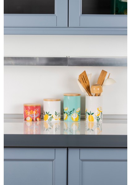 4'lü Limonlu Seramik Kavanoz Set Şekerlik Çay Kahve Saklama Kabı Baharatlık