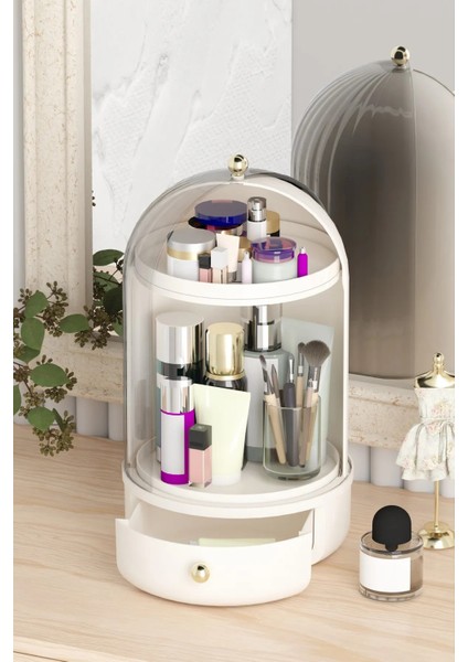 360° Döner Büyük Makyaj Organizeri – Şeffaf Kapaklı, Çekmeceli, 3 Bölmeli, 40 cm