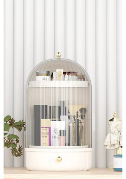 360° Döner Büyük Makyaj Organizeri – Şeffaf Kapaklı, Çekmeceli, 3 Bölmeli, 40 cm fiyatları