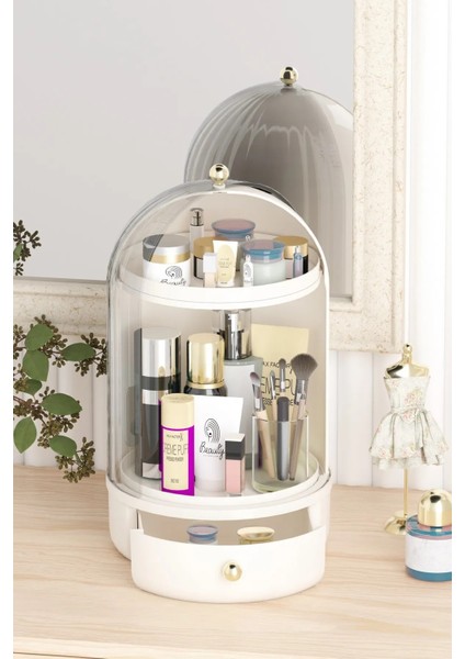 360° Döner Büyük Makyaj Organizeri – Şeffaf Kapaklı, Çekmeceli, 3 Bölmeli, 40 cm modelleri