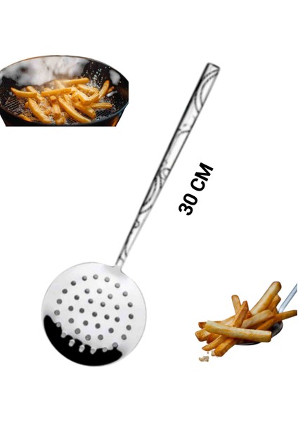 30CM Paslanmaz Çelik Desen Saplı Servis Kevgir - Delikli Süzgeç