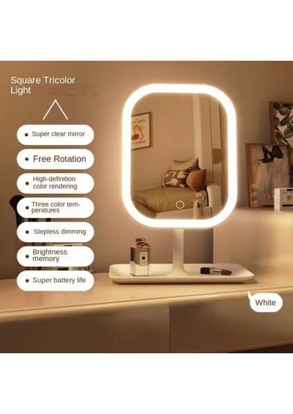 3 Mod LED Işıklı USB Şarjlı Dikdörtgen Masa Üstü Makyaj Aynası Makyaj Aynası Dokunmatik