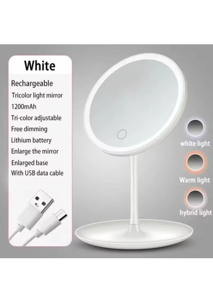 3 Mod LED Işıklı USB Şarjlı Yuvarlak Masa Üstü Makyaj Aynası Makyaj Aynası Dokunmatik
