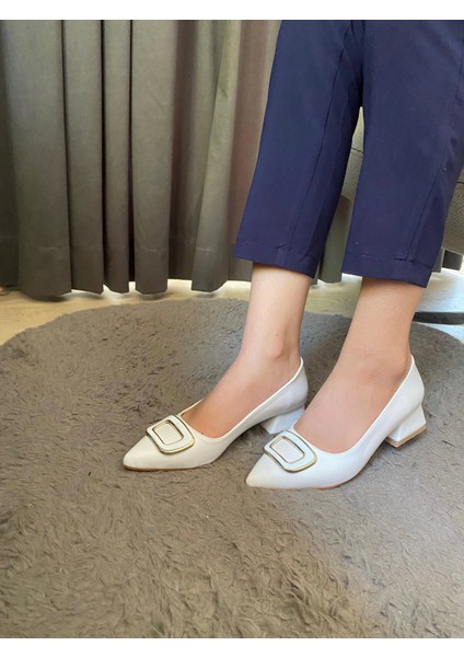 Kadın Pita Beyaz Deri Tokalı Stiletto Alcak Ökçe Abiye Ayakkabı fırsatları