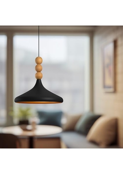 Tekli Ahşap Boncuk Detaylı Sarkıt Aydınlatma, Metal Sıvama, Ev, Ofis, Cafe, Restoran Avizeleri, E27 Duy (Siyah-Gold) modelleri