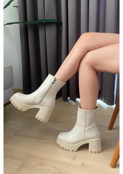 Kadın Pita Krem Cilt ( 8 cm ) Platfom Topuklu Fermuarlı Bot fiyatları