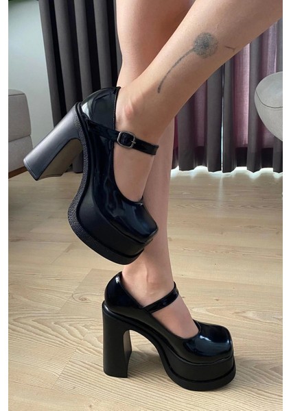 Kadın Napoli Siyah Rugan Tek Baretli (12 cm ) Platform Topuklu Ayakkabı