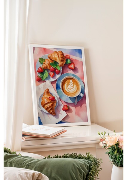 Beyaz Çerçeveli Tablo, Kruvasan & Kahve – Şık Kahvaltı, Mutfak Dekoru Poster No: 109908 fiyatları