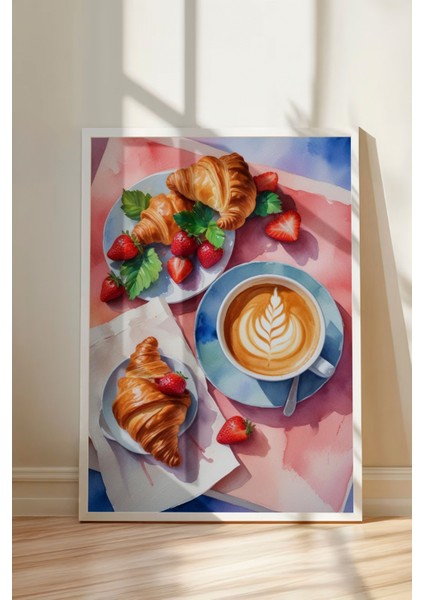Beyaz Çerçeveli Tablo, Kruvasan & Kahve – Şık Kahvaltı, Mutfak Dekoru Poster No: 109908 modelleri