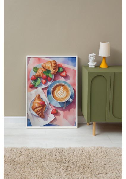 Beyaz Çerçeveli Tablo, Kruvasan & Kahve – Şık Kahvaltı, Mutfak Dekoru Poster No: 109908 fırsatları